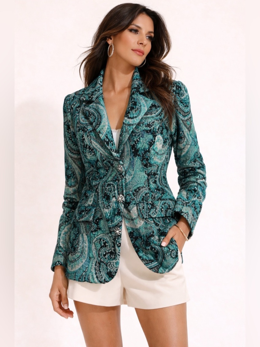 Velvet Paisley Dagger Collar Blazer Statement Textured Teal Sz M